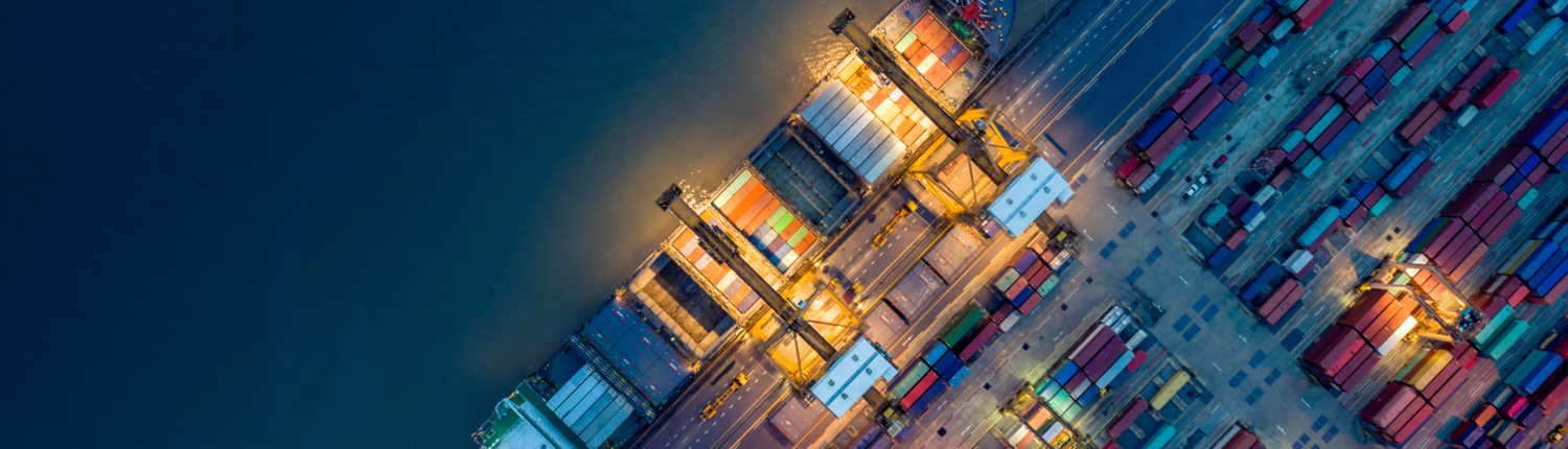 Logistics and transportation of Container Cargo ship and Cargo plane with working crane bridge in shipyard at sunrise, logistic import export and transport industry background